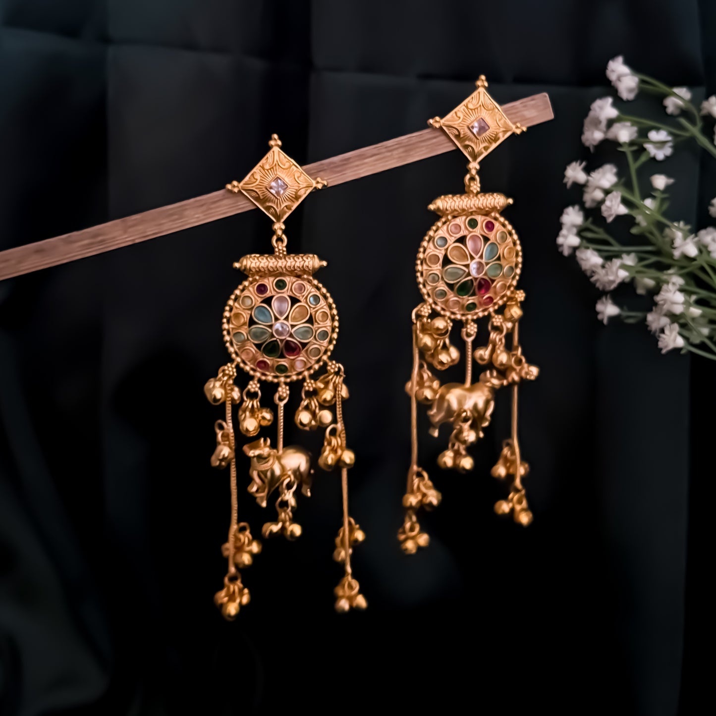 Malara Premium Kashmiri Brass Dejhoor Ghungroo Earrings - Golden & Multi