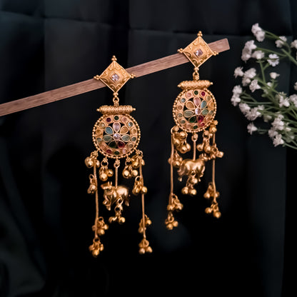 Malara Premium Kashmiri Brass Dejhoor Ghungroo Earrings - Golden & Multi
