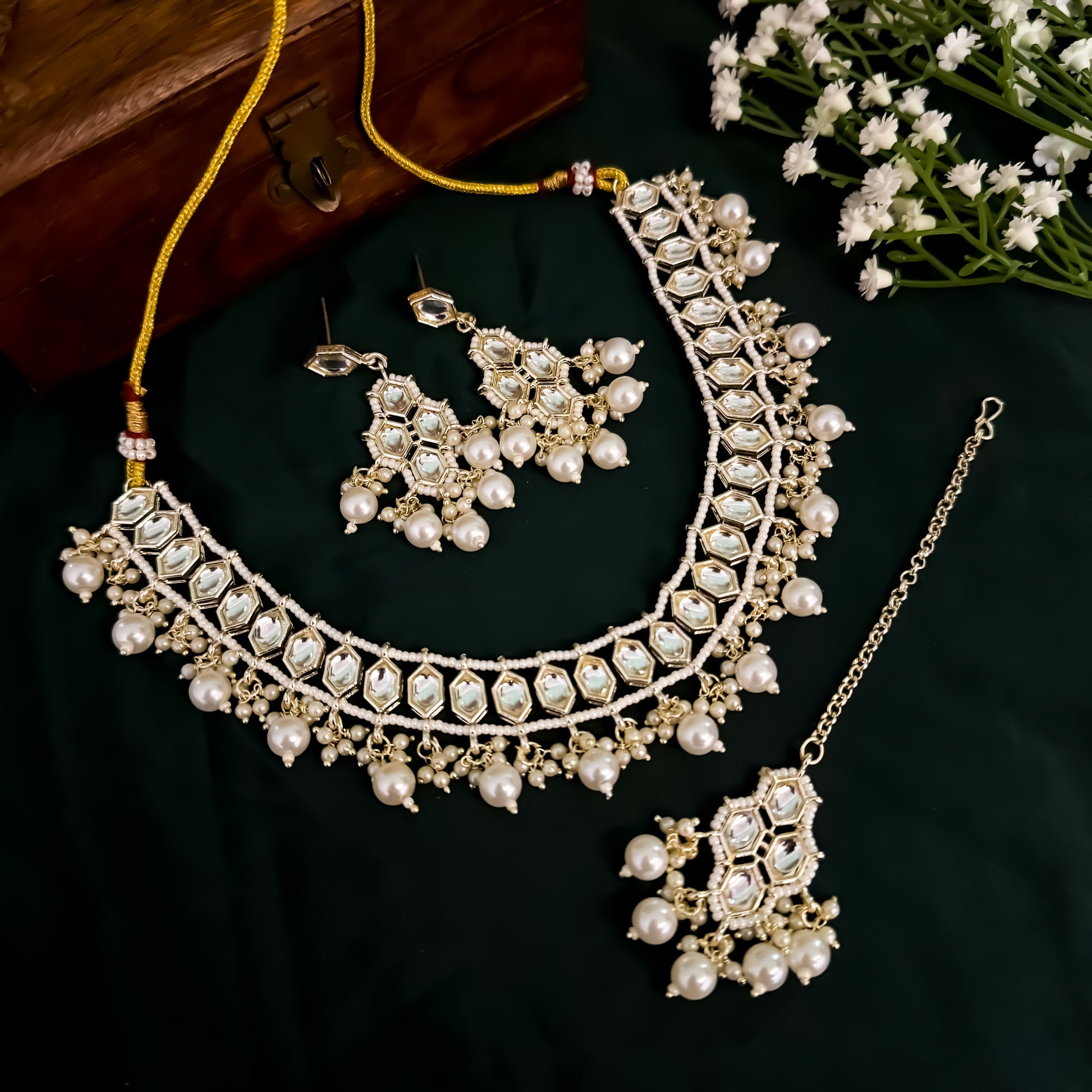 Rismat Kundan Pearl Necklace Set - Golden