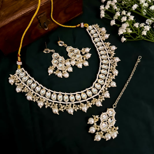Rismat Kundan Pearl Necklace Set - Golden