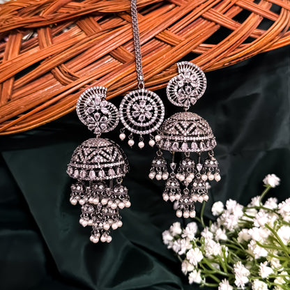 Riyana American Diamond Jhumka & Teeka Set - Black Polish
