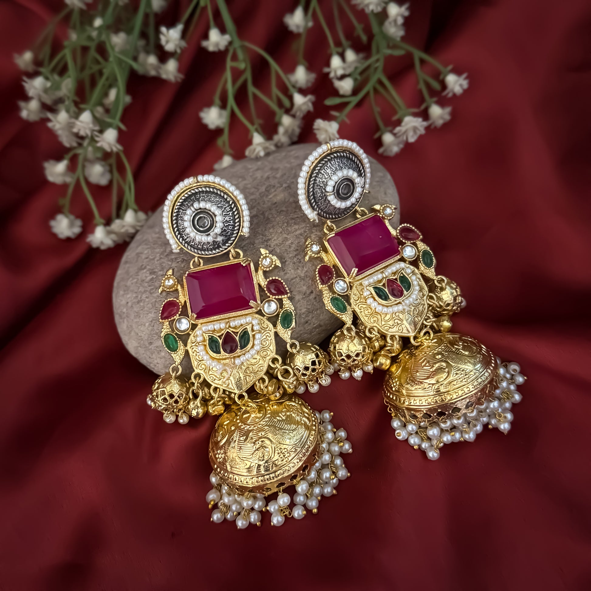 Roshni premium antique gold kashmiri earrings featuring dual tone oxidized silver chakra studs a large rectangular magenta quartz gemstone shield a kemp stone peacock link and multiple jhumka domes with dense micro pearl fringes