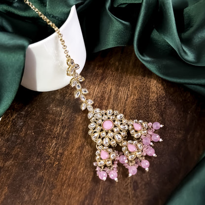 Shabana Premium Kundan Pearl Choker Necklace Set - Baby Pink