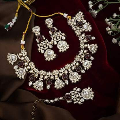Jehana Premium Polki Lookalike Necklace Set - Maroon
