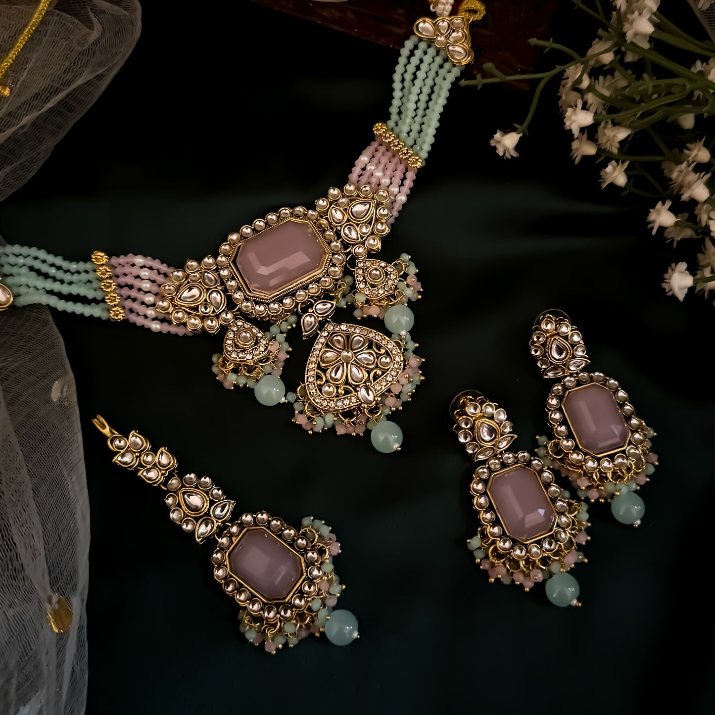 Shriya Royal Kundan Choker Necklace Set - Pastel Pink & Green