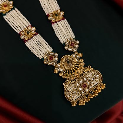 Kinjal Rajwadi Long Necklace Set - Green & Pink