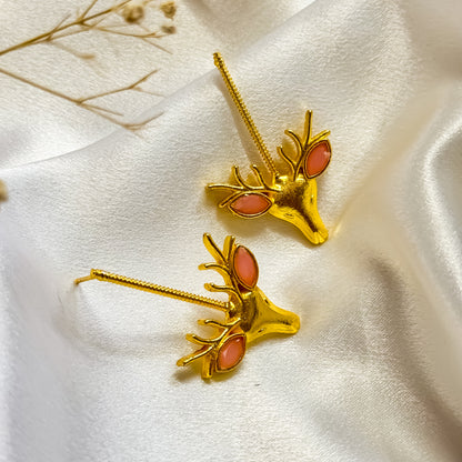 Unique Raindeer Handcrafted Brass Earrings- Pastel Pink