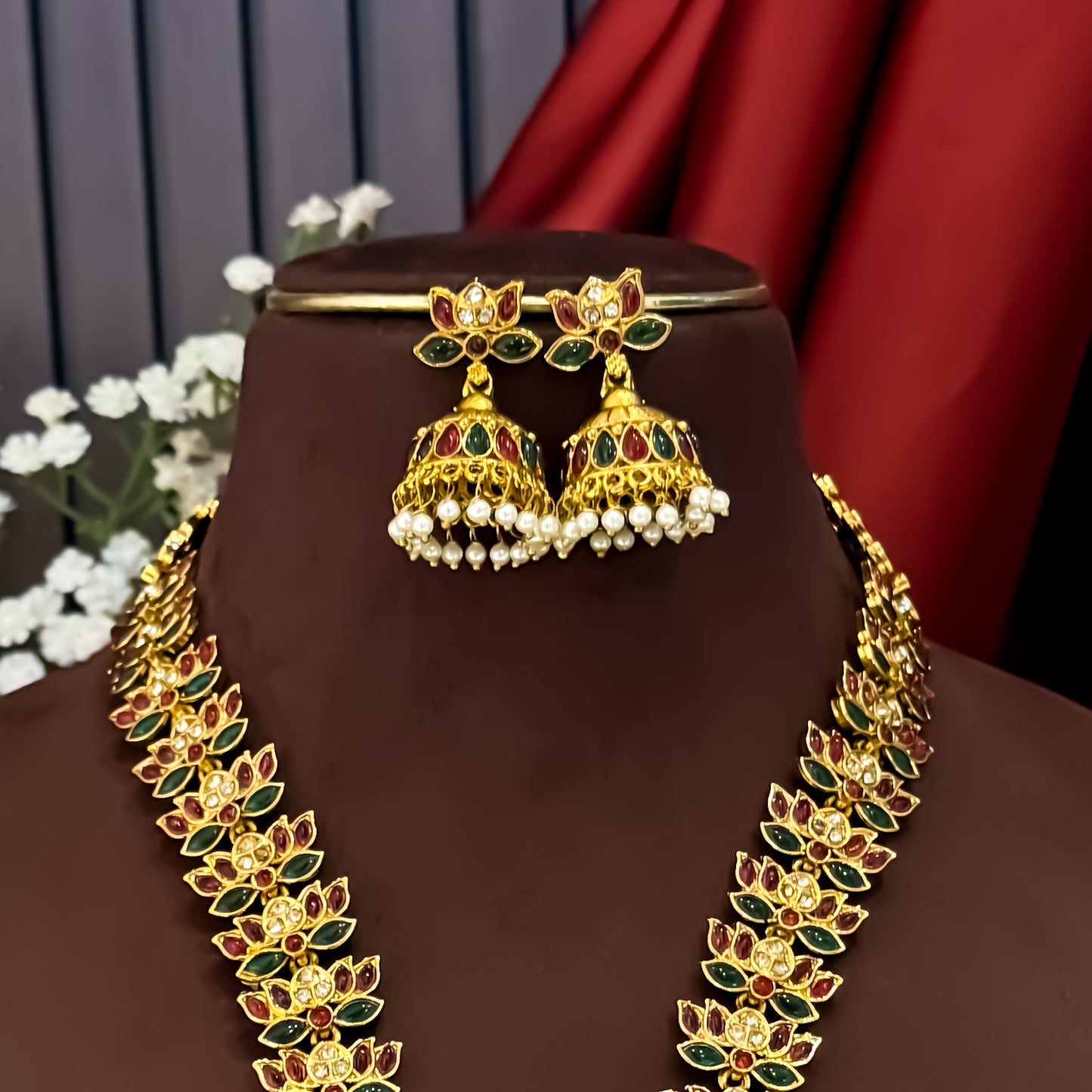 Chandrika Temple Motif Long Necklace Set - Pink & Green