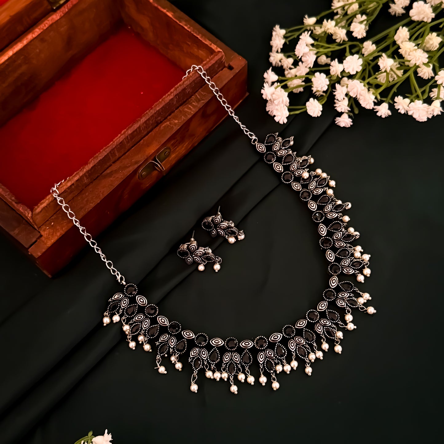 Kimaya Silver Oxidised Necklace Set- Black
