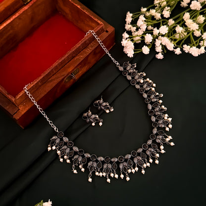 Kimaya Silver Oxidised Necklace Set- Black