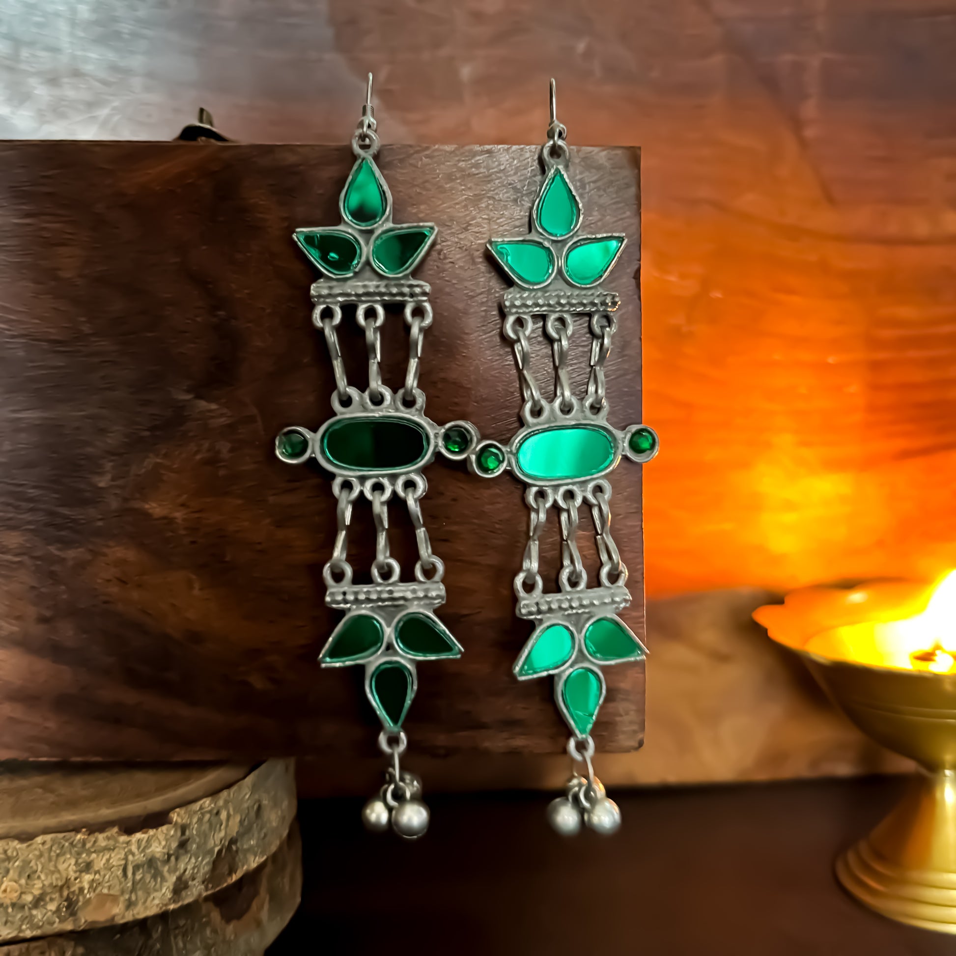 Vasundhara Afghani Vintage Mirror Earrings - Green