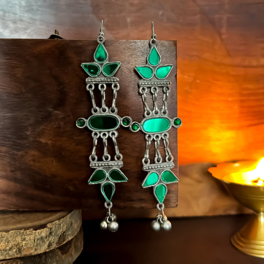 Vasundhara Afghani Vintage Mirror Earrings - Green