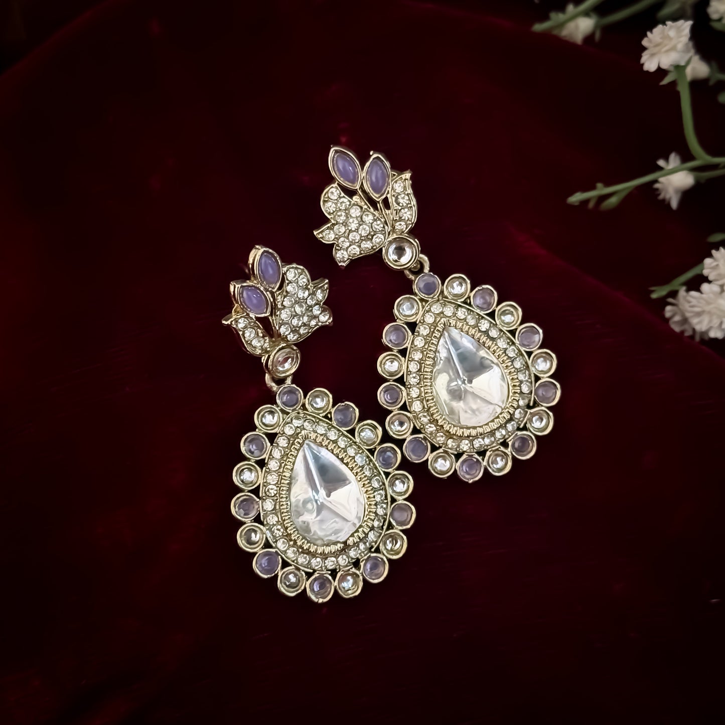 Mansi Kundan Drop Earrings - Lavender