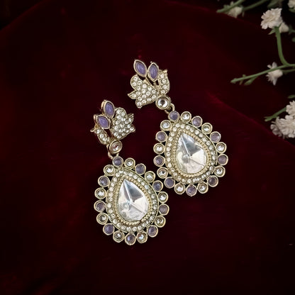 Mansi Kundan Drop Earrings - Lavender