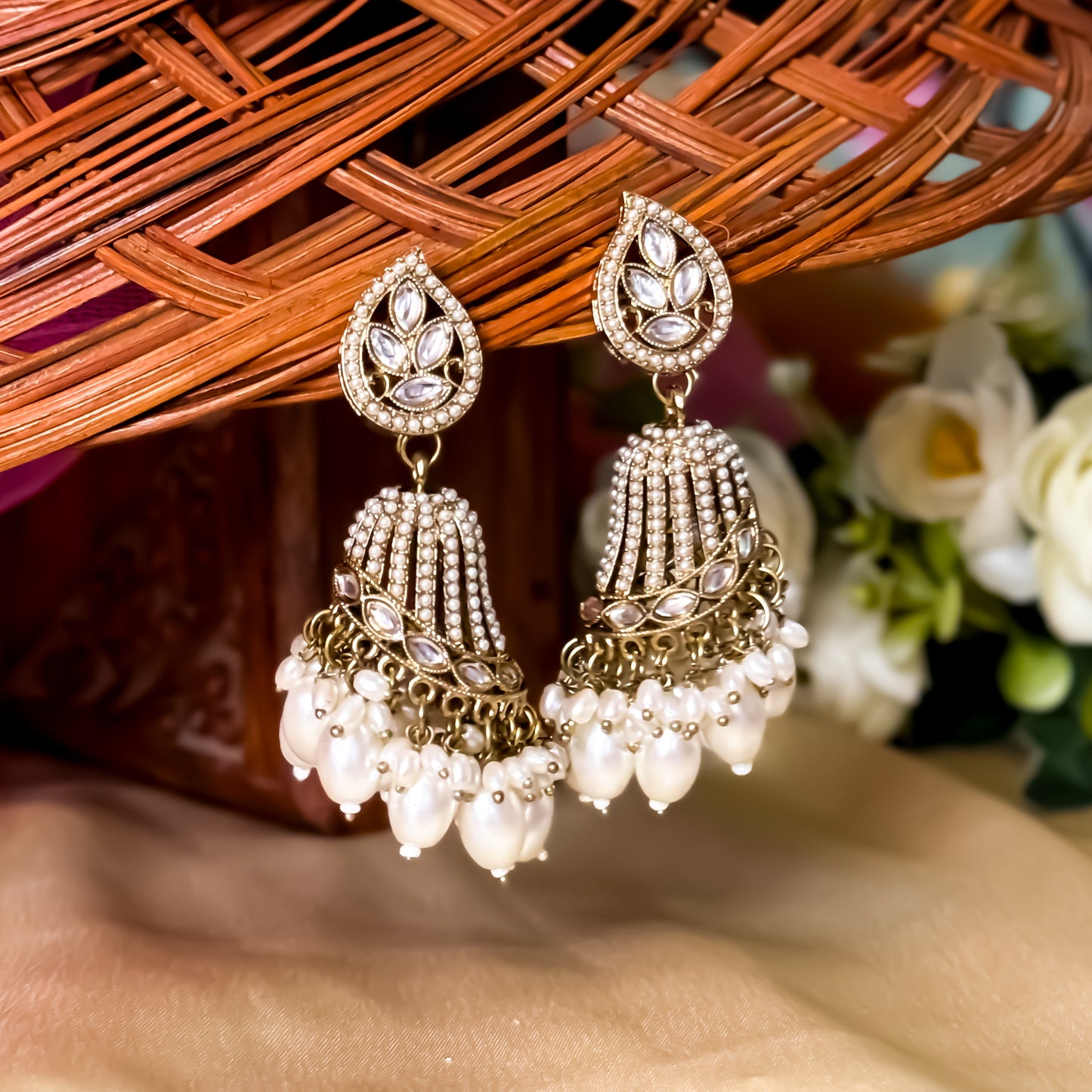 Maheer Jadau Jhumka Earrings - Golden/Ivory