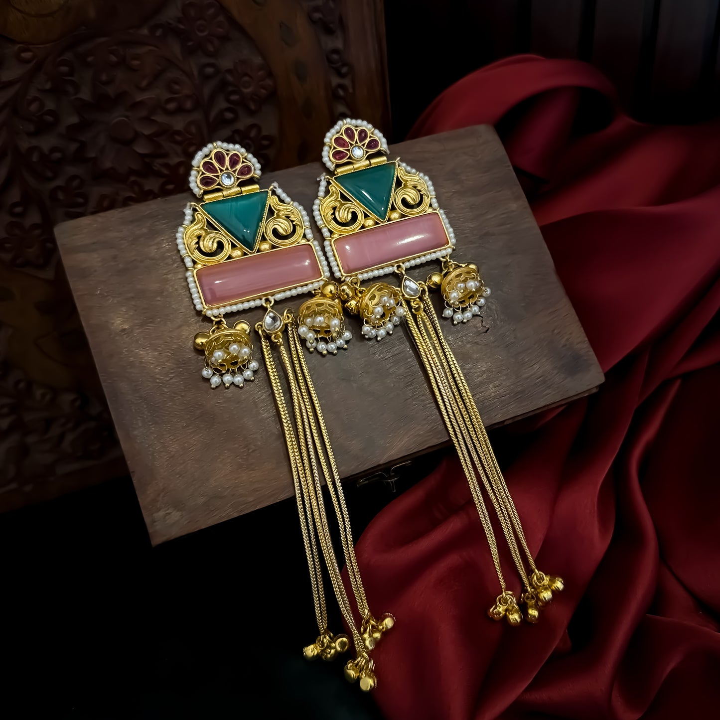 Jeenal Kashmiri Brass Ghungroo Earrings - Pastel Pink & Pastel Green