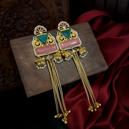 Jeenal Kashmiri Brass Ghungroo Earrings - Pastel Pink & Pastel Green