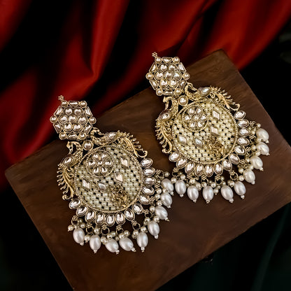Dhwani Kundan Pearl Chandbali Earrings - Golden