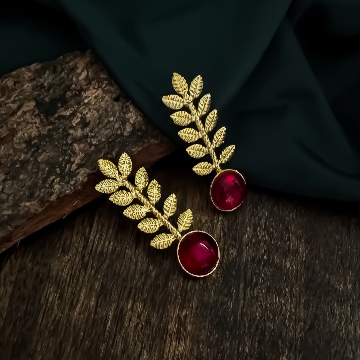 Lina Leaf Drop Handcrafted Brass Earrings - Maroon