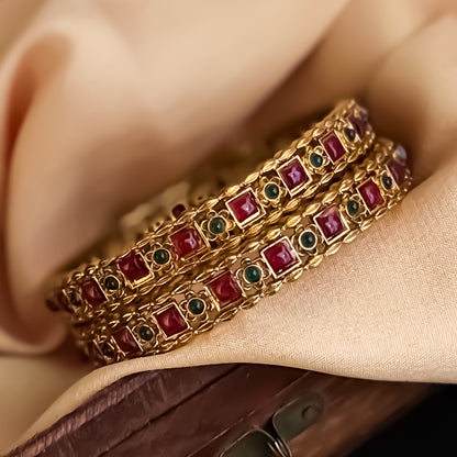 Madhavi Temple Gold Bangles with Ruby Stones - Pink (Set of 2)