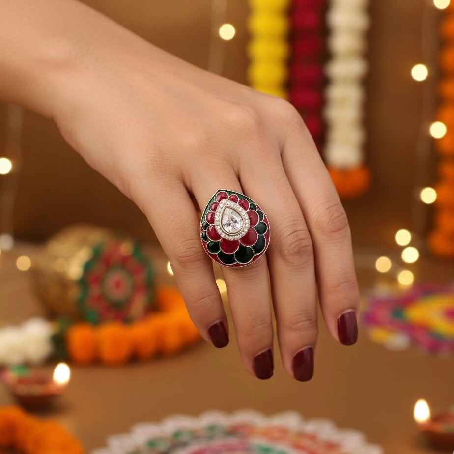 Revati Premium Meenakari Adjustable Ring - Pink & Green