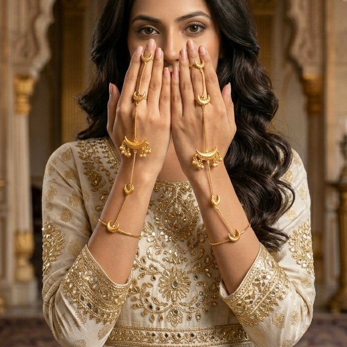 Moon Kashmiri Adjustable Brass Haathphool (Pair) - Golden