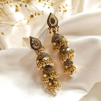 Triple Layered Floral Golden Jhumki