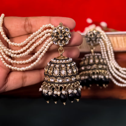 Mehvish Jadau Reverse AD Jhumka Earrings with Earchain - Black