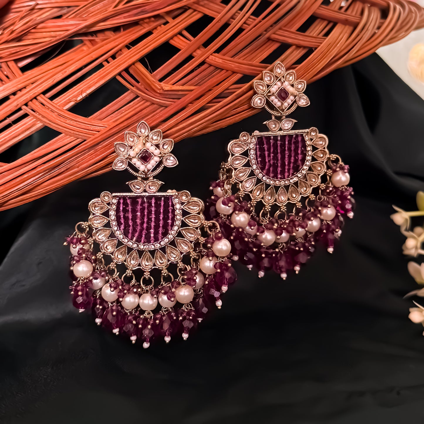 Mansa Kundan Pearl Chandbali - Wine