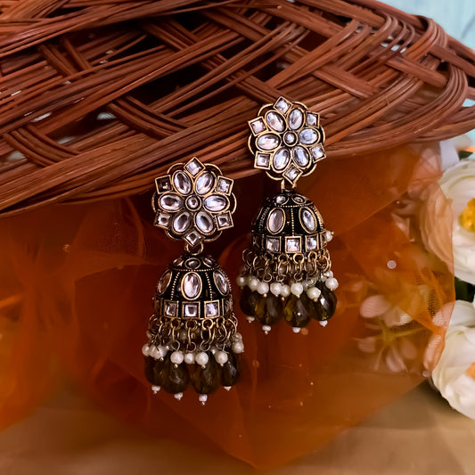 Aashika Pearl Jhumka Earrings- Mehendi Green