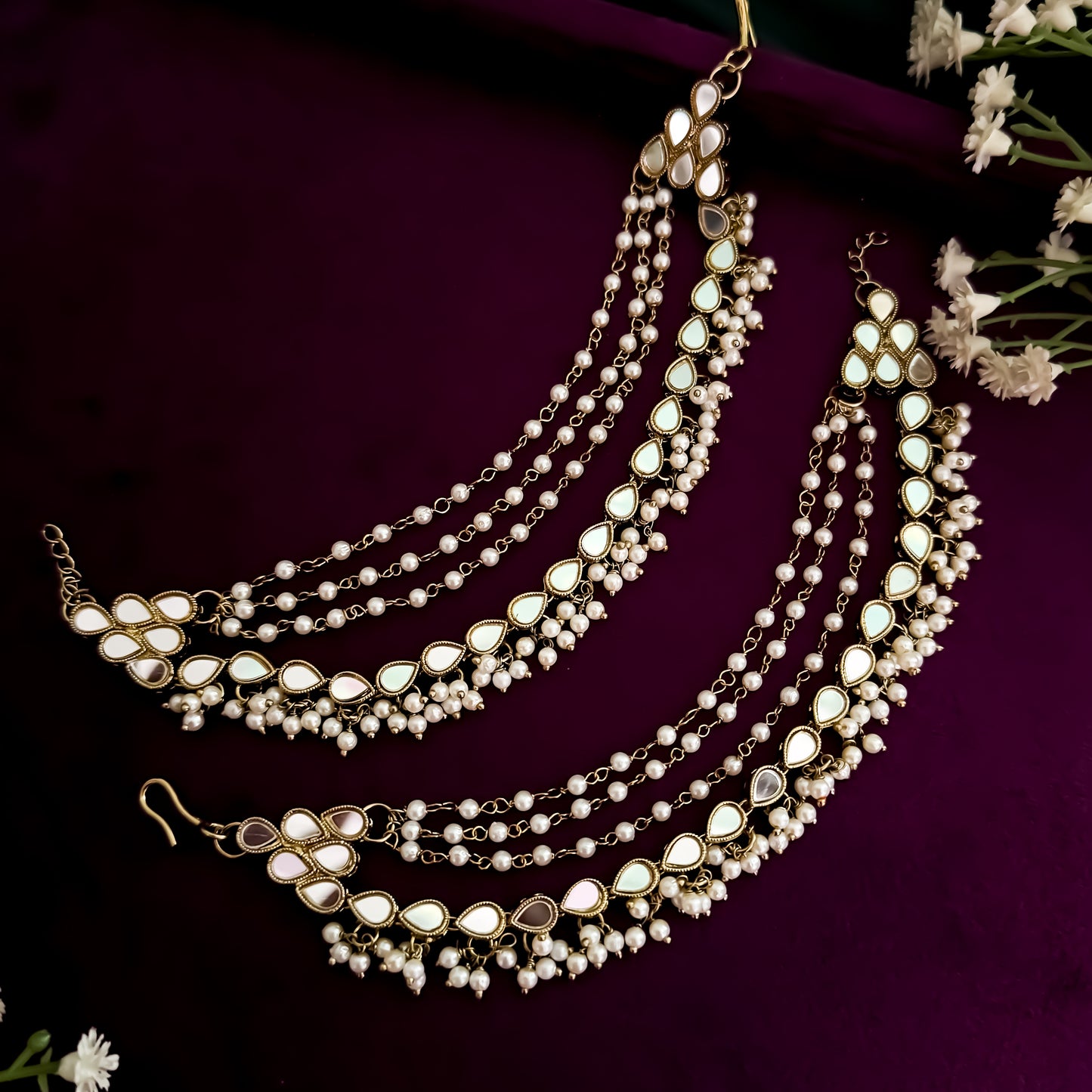 Miraya Bahubali 4 Layer Pearl & Mirror Detachable Earrchains/Sahara/Kaanchain Pair