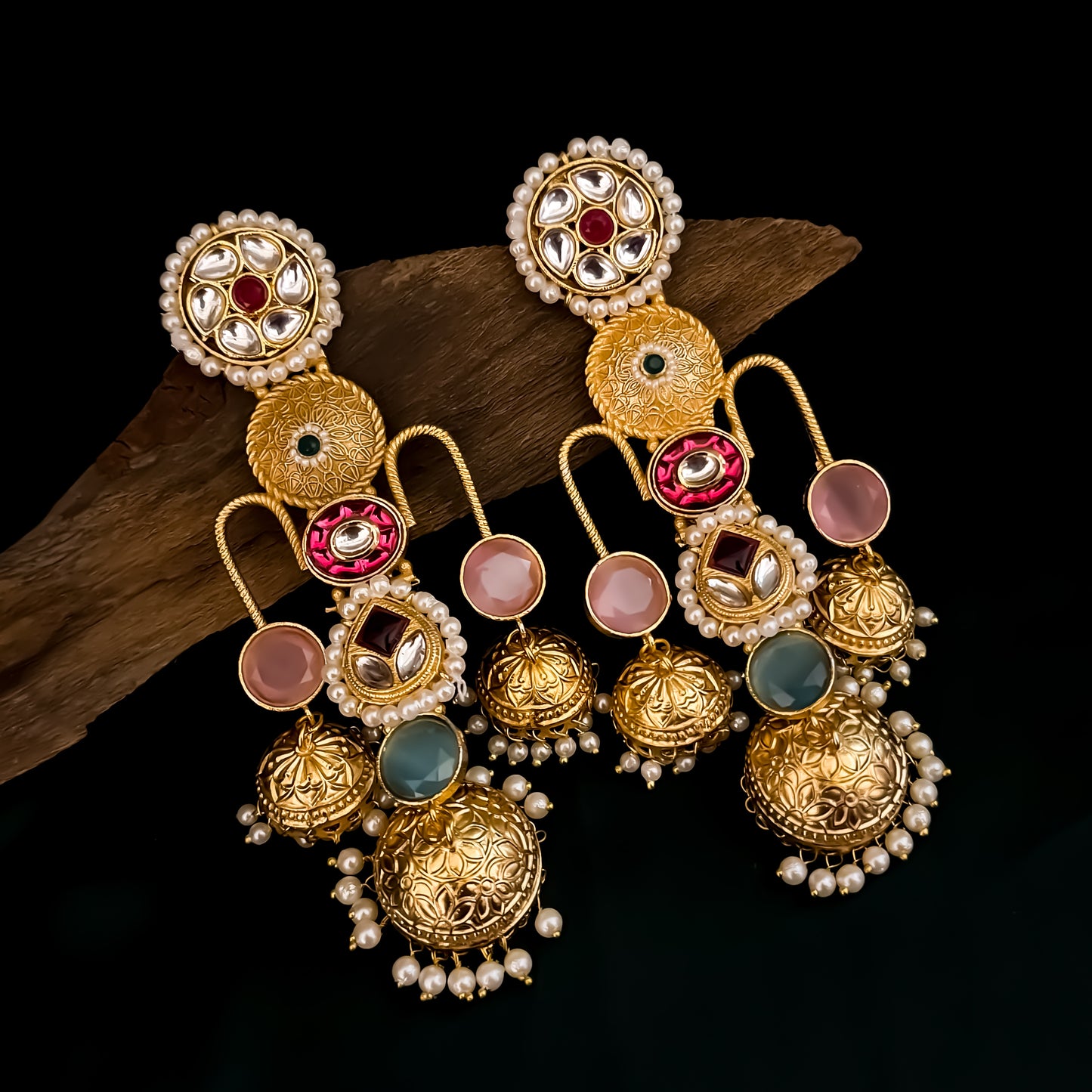 Umrao Kashmiri Jhumka Earrings- Pastel Pink & Green
