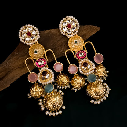 Umrao Kashmiri Jhumka Earrings- Pastel Pink & Green