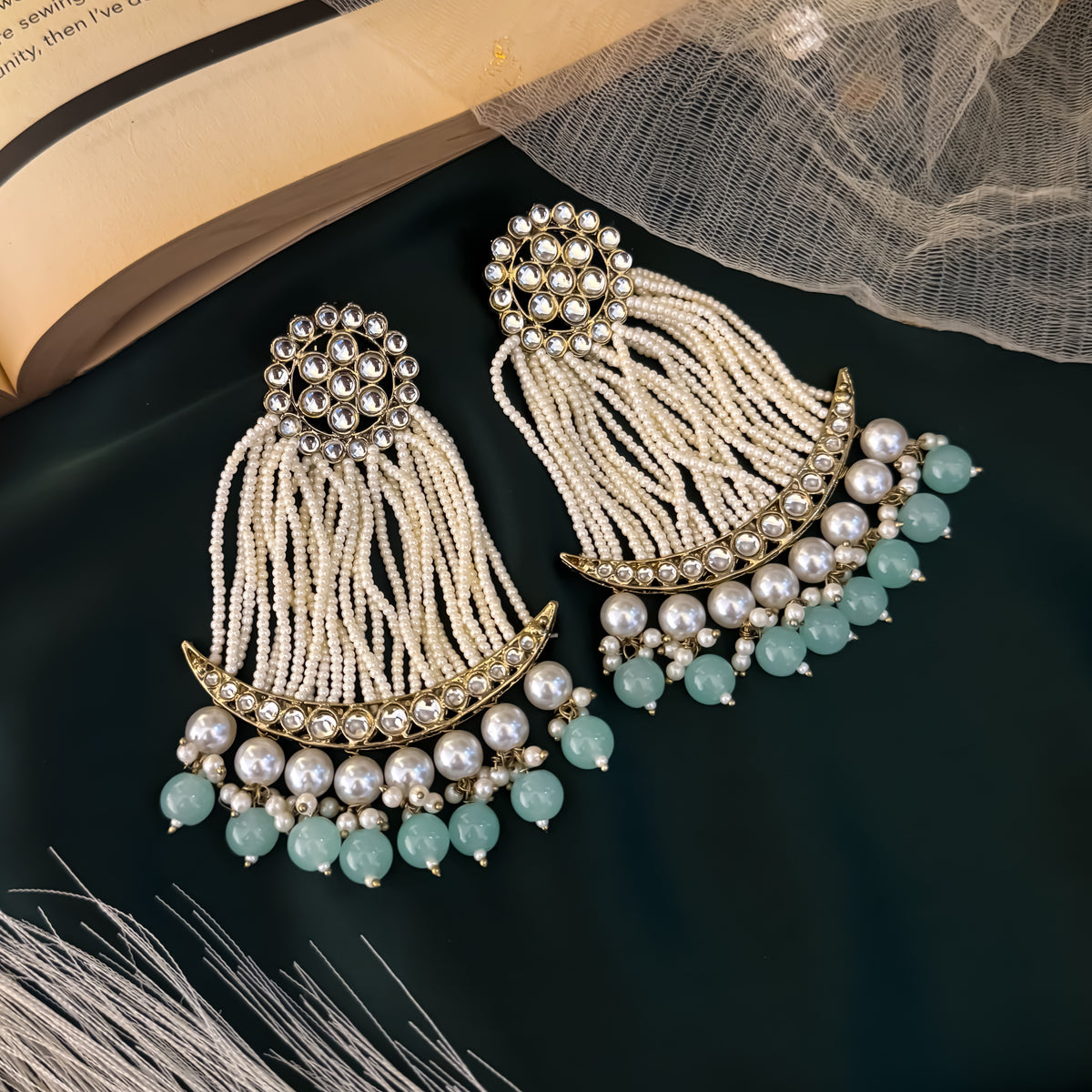 Pastel Green Nikhat Kundan Pearl Chandbali Earrings