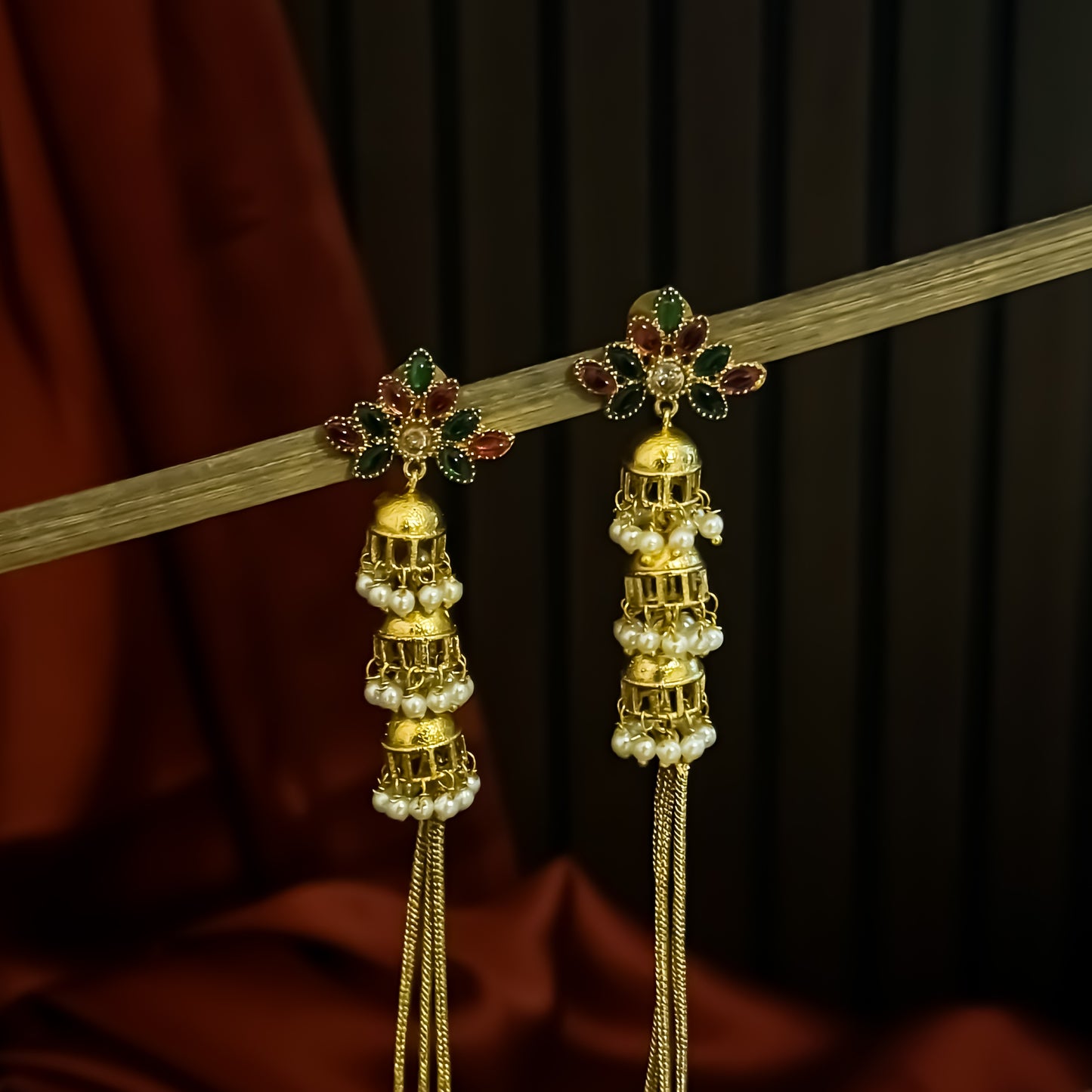 Aishwariya Kashmiri Brass Ghungroo Earrings - Pink & Green