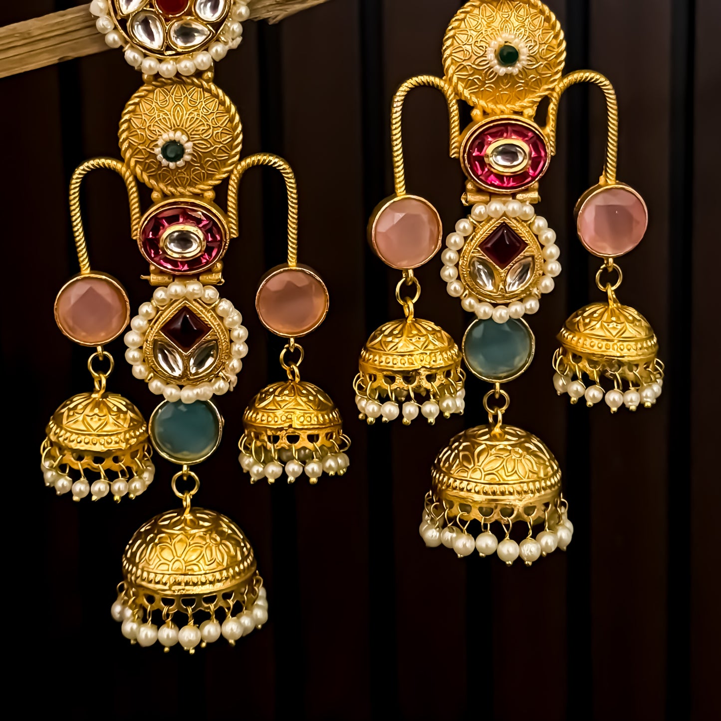 Umrao Kashmiri Jhumka Earrings- Pastel Pink & Green