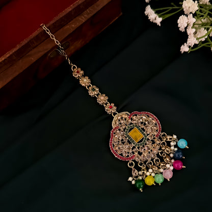 Nihal Reverse AD Necklace Set with Earrings & Teeka - Multi