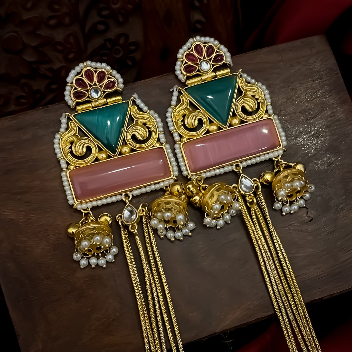 Jeenal Kashmiri Brass Ghungroo Earrings - Pastel Pink & Pastel Green