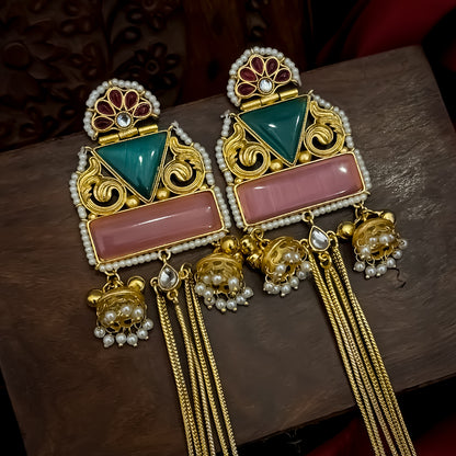 Jeenal Kashmiri Brass Ghungroo Earrings - Pastel Pink & Pastel Green