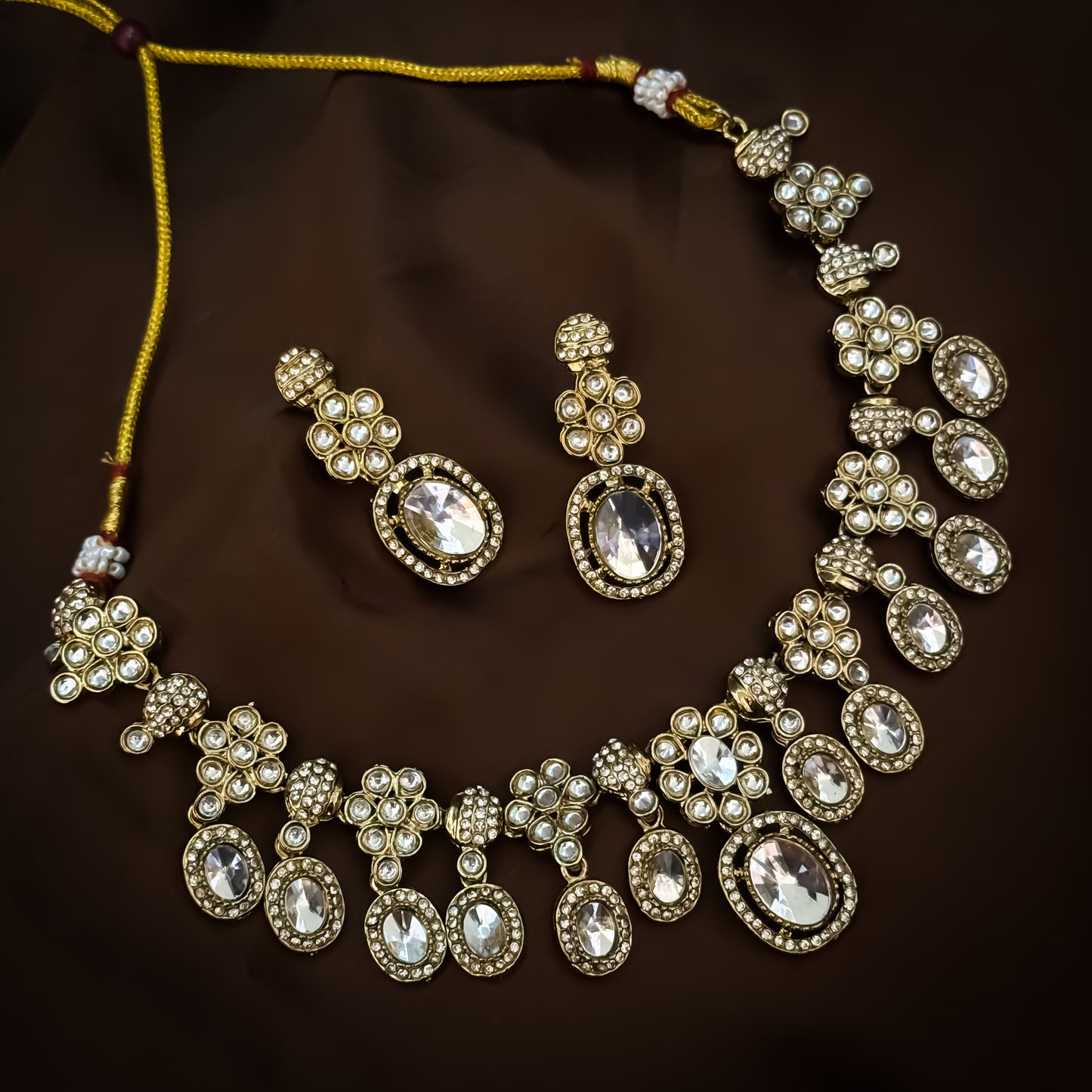 Golden Tayani Zircon Kundan Necklace Set with Earrings