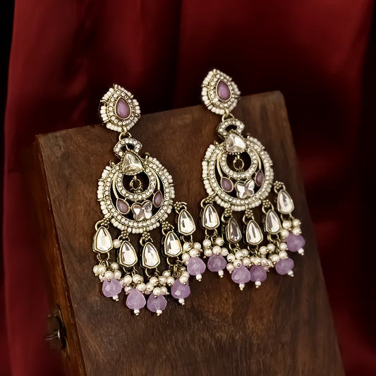 Athiya Kundan Pearl Premium Chandbali Earrings - Lavender