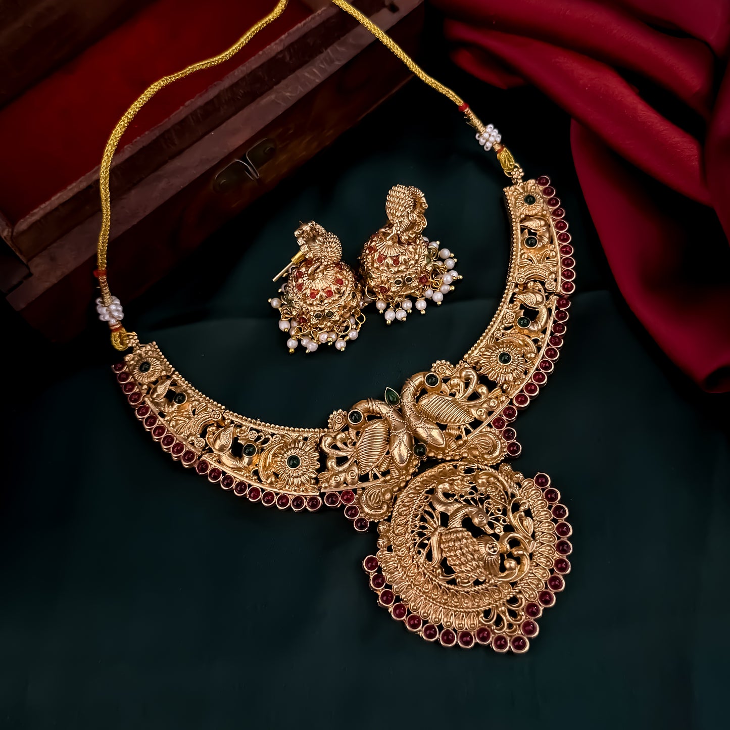 Shreyanshi  Lakshmi Temple Motif Hasli Necklace Set - Golden