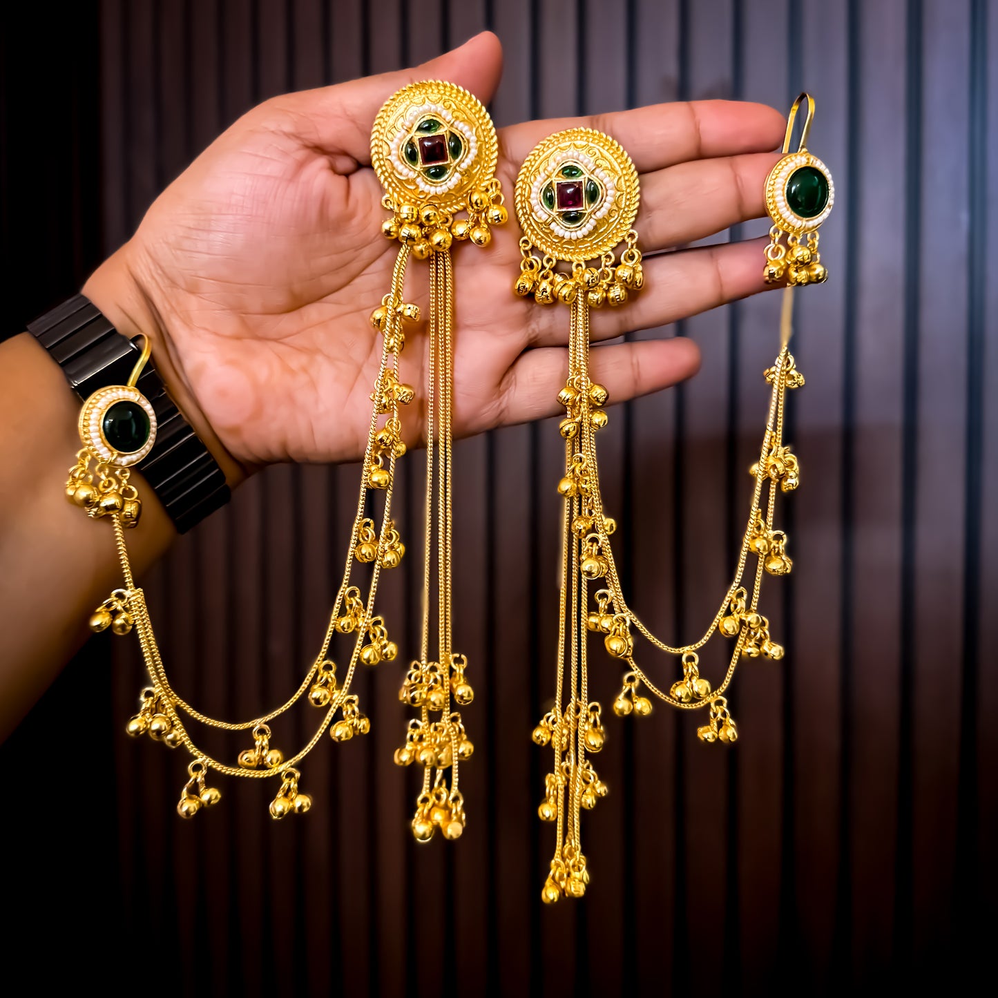 Shazia Premium Kashmiri Brass Ghungroo Earrings with Sahara/Earchains - Pink & Green