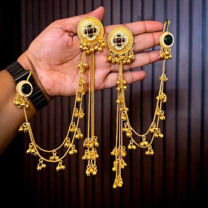 Shazia Premium Kashmiri Brass Ghungroo Earrings with Sahara/Earchains - Pink & Green