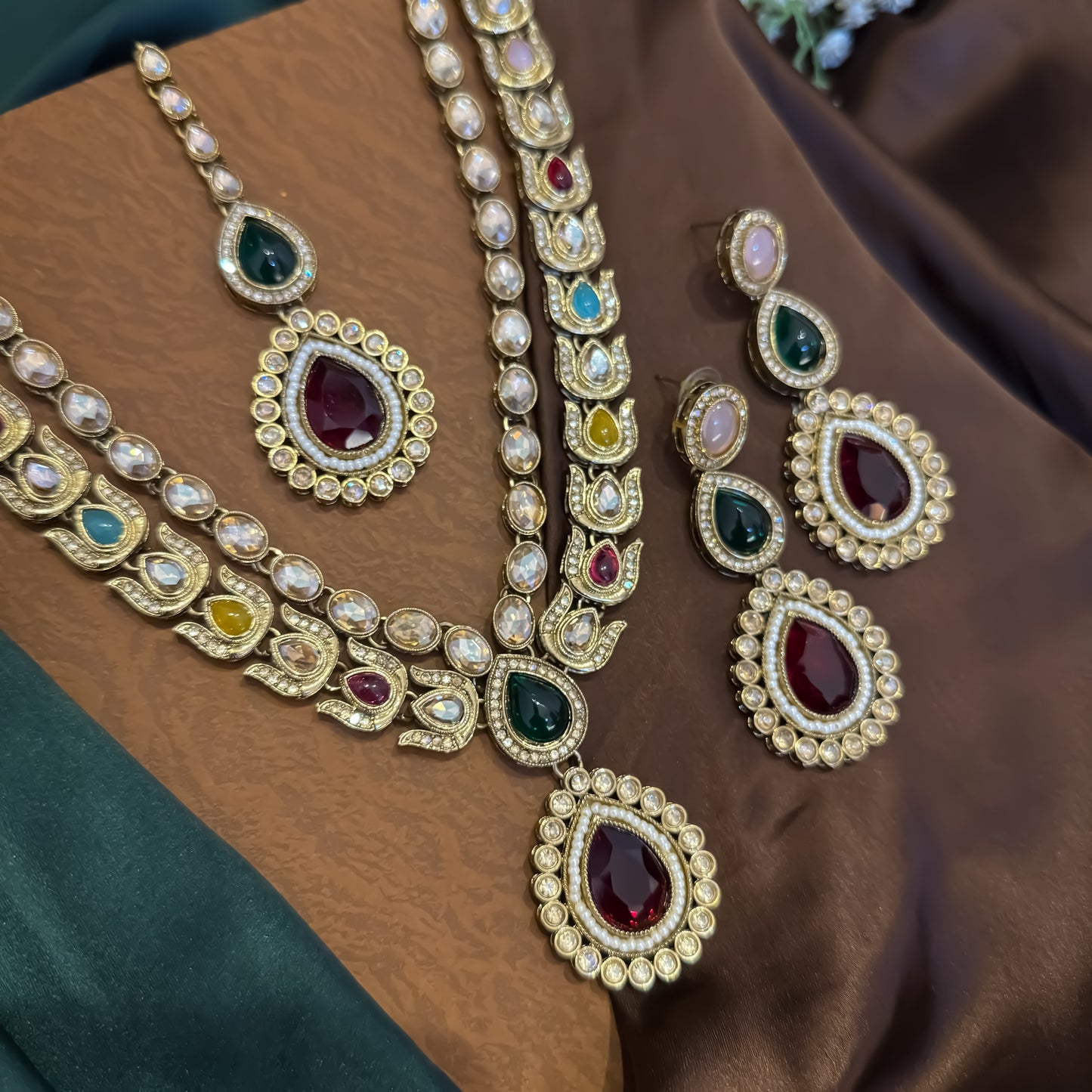 Ashiya Double Layer Designer Zircone Kundan Necklace Set - Multi