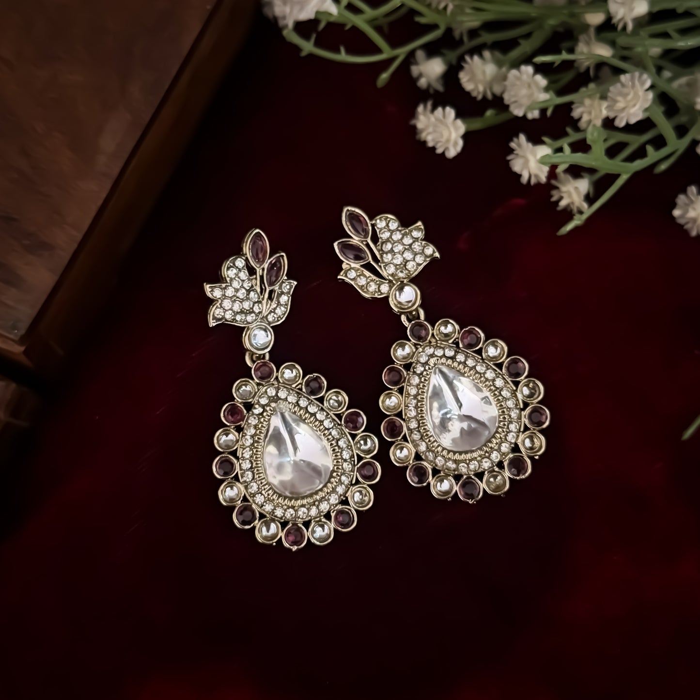 Mansi Kundan Drop Earrings - Wine