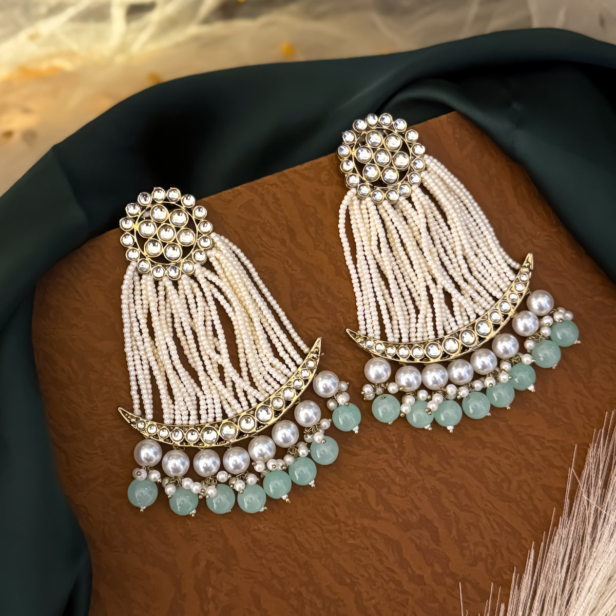 Pastel Green Nikhat Kundan Pearl Chandbali Earrings