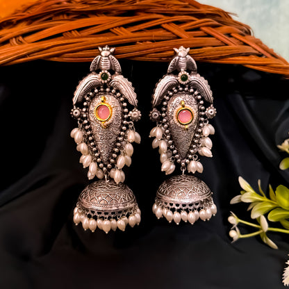 Vishakha Brass Jhumka Earrings - Pastel Pink