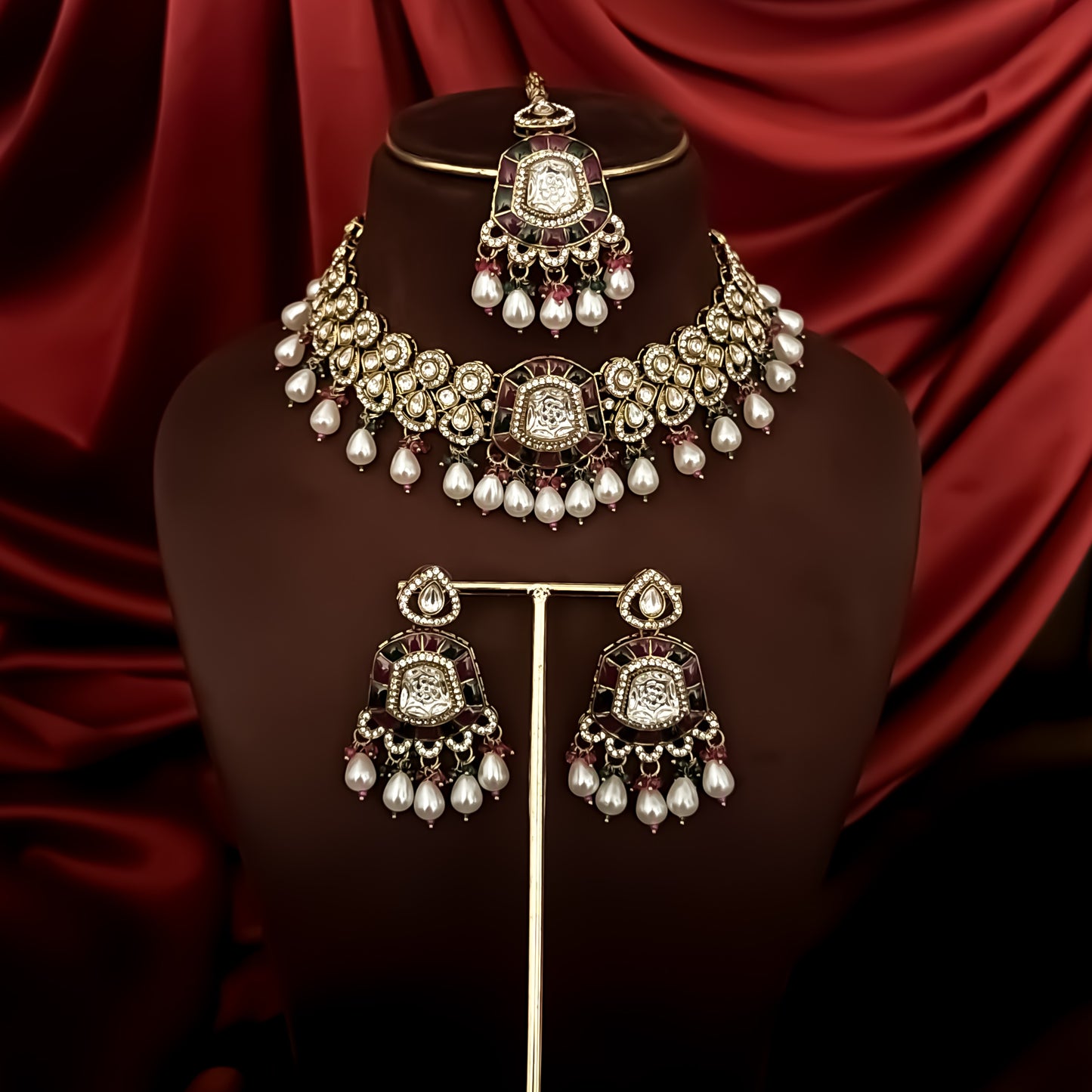 Tanishka Polki Premium Necklace Set - Pink & Green