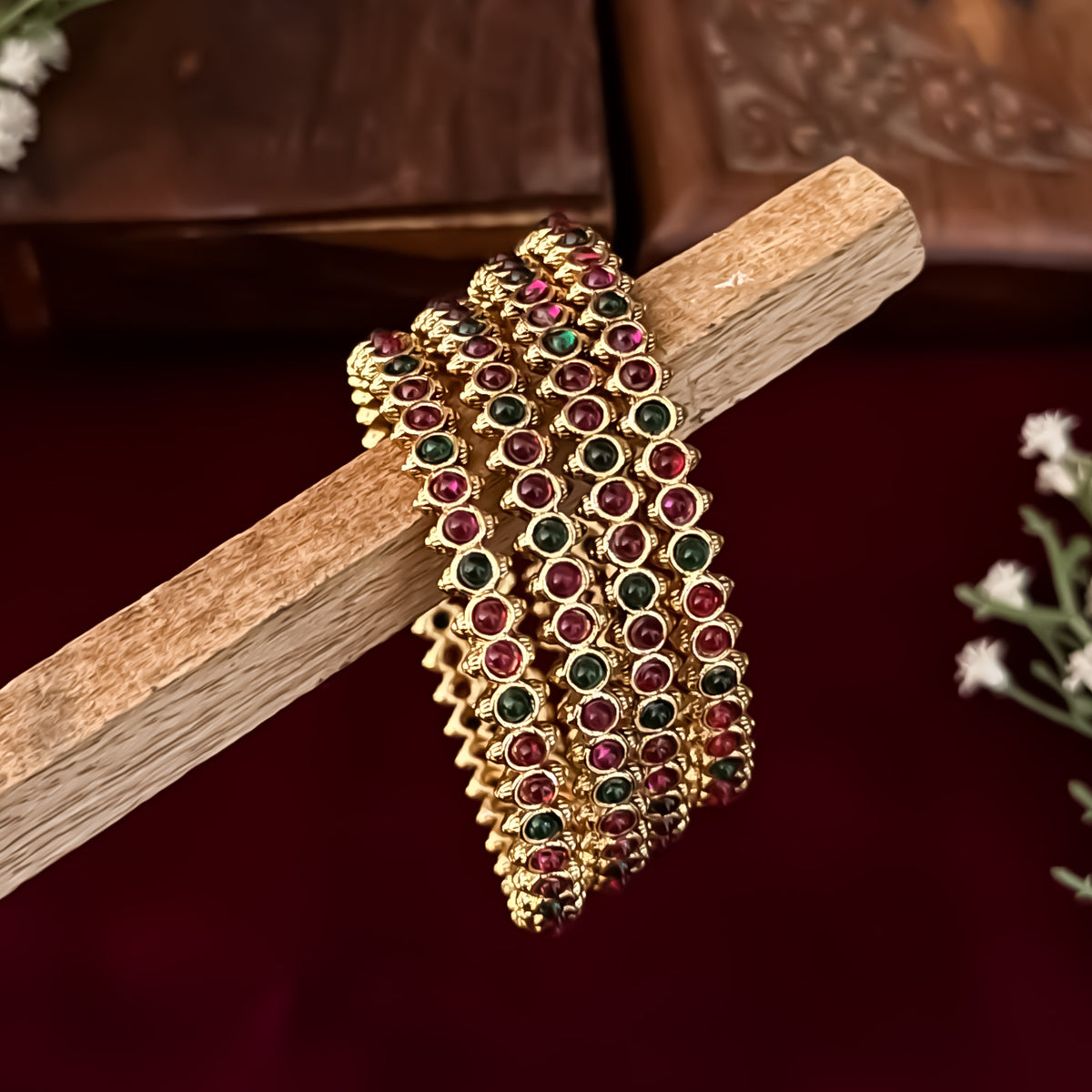 Malar Temple Gold Bangles - Pink & Green (Set of 4)